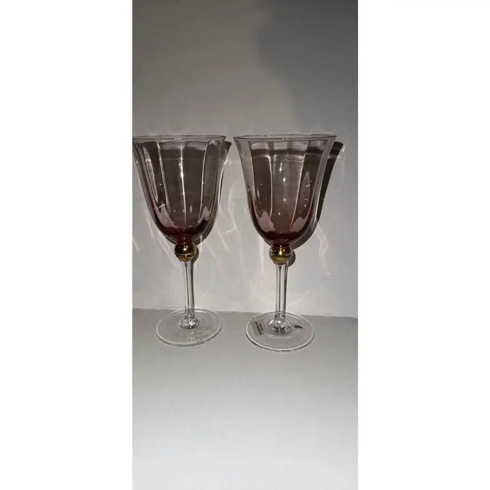 Vintage Pink Optic Fluted Wine Glasses Gold Ball Sphere Stem MCM